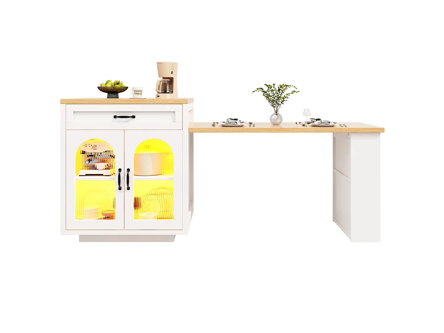 Îlot de Cuisine avec Table Extensible 126-196cm, Buffet avec LED RGB, 2 Tiroirs, Étagère Réglable et Portes en Verre - Blanc