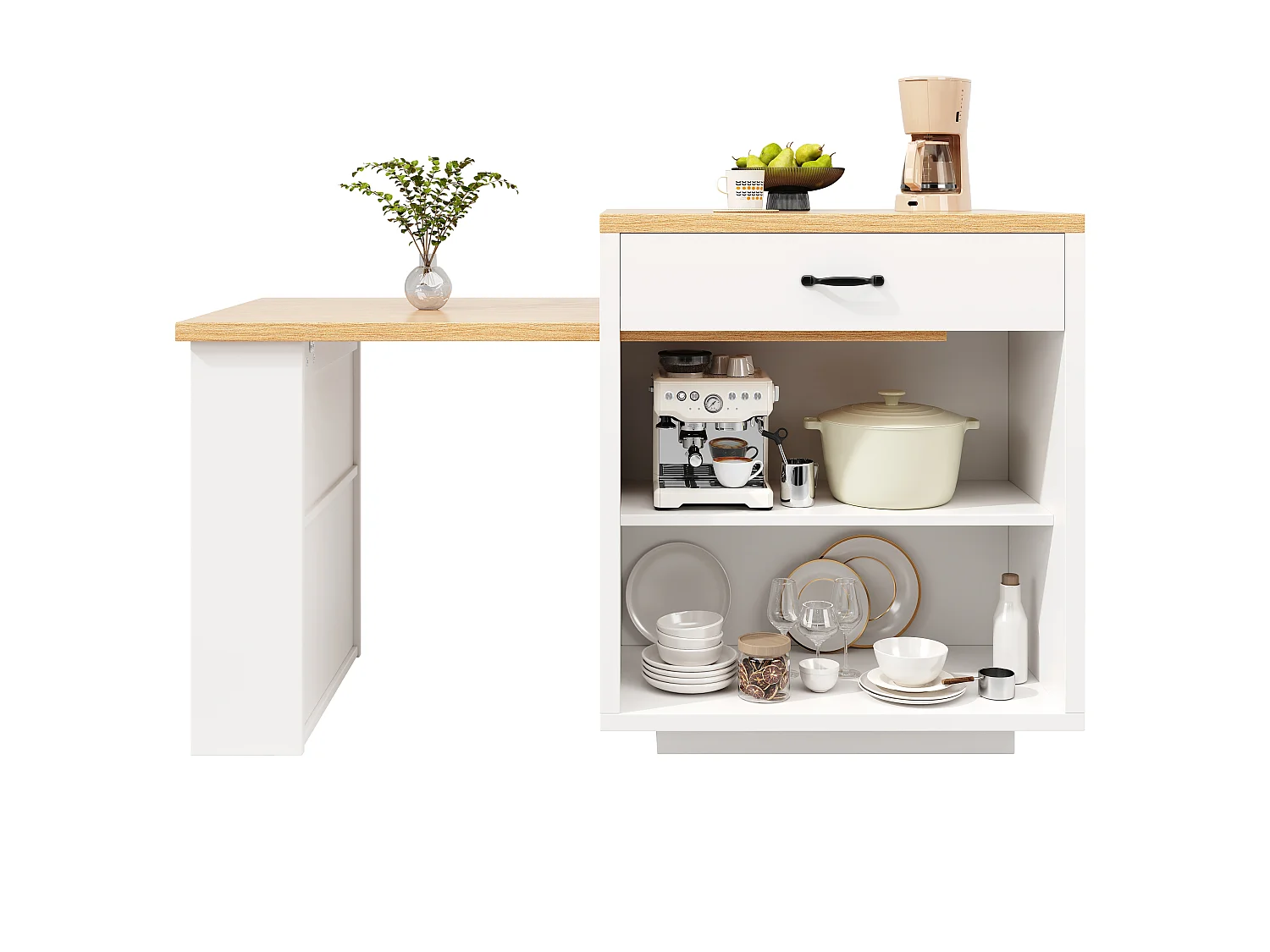 Îlot de Cuisine avec Table Extensible 126-196cm, Buffet avec LED RGB, 2 Tiroirs, Étagère Réglable et Portes en Verre - Blanc