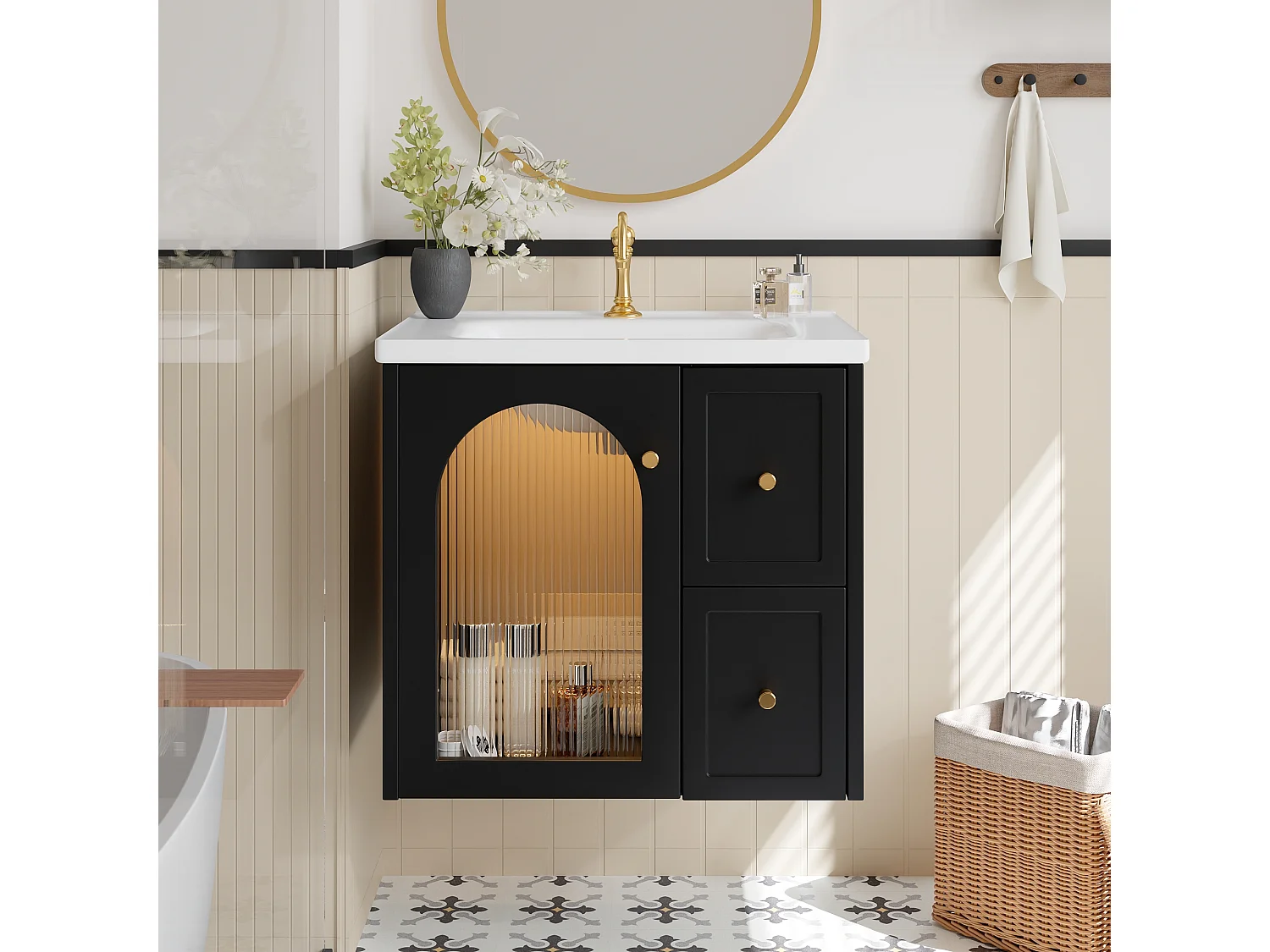 Hängendes Badezimmermöbel 60cm mit Keramikwaschbecken, Glastür und integrierter LED, Soft-Close - schwarz