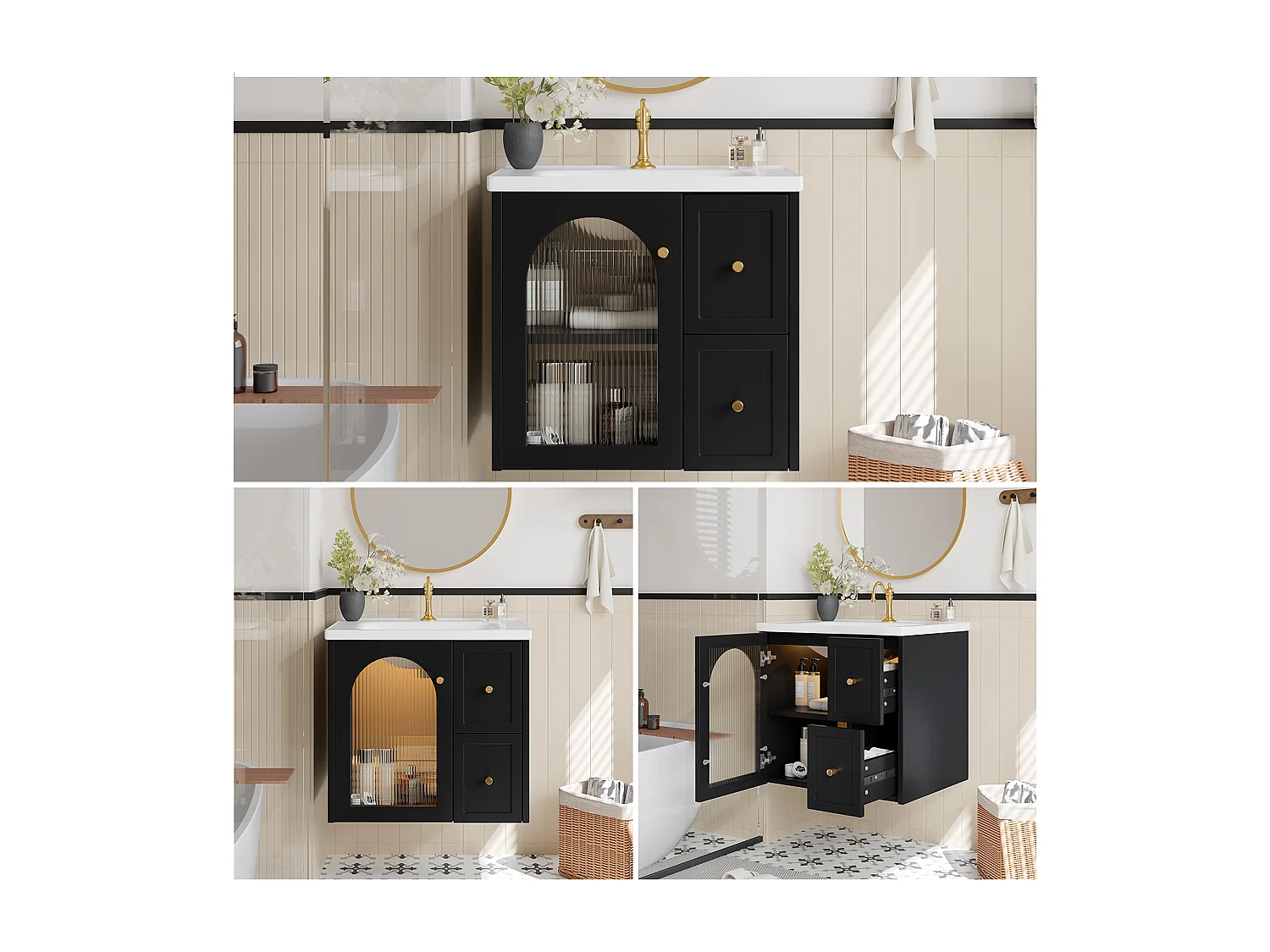 Hängendes Badezimmermöbel 60cm mit Keramikwaschbecken, Glastür und integrierter LED, Soft-Close - schwarz