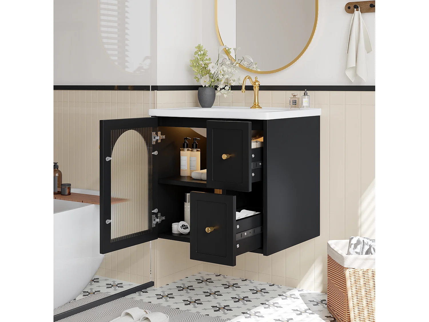 Hängendes Badezimmermöbel 60cm mit Keramikwaschbecken, Glastür und integrierter LED, Soft-Close - schwarz