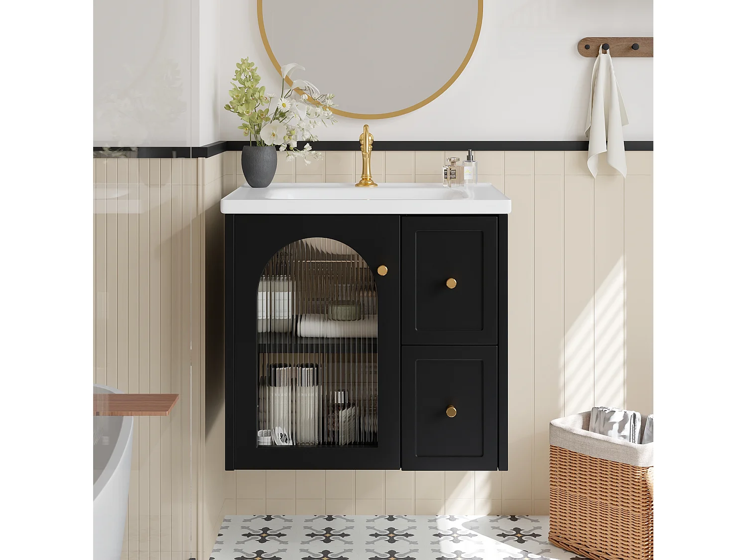 Hängendes Badezimmermöbel 60cm mit Keramikwaschbecken, Glastür und integrierter LED, Soft-Close - schwarz