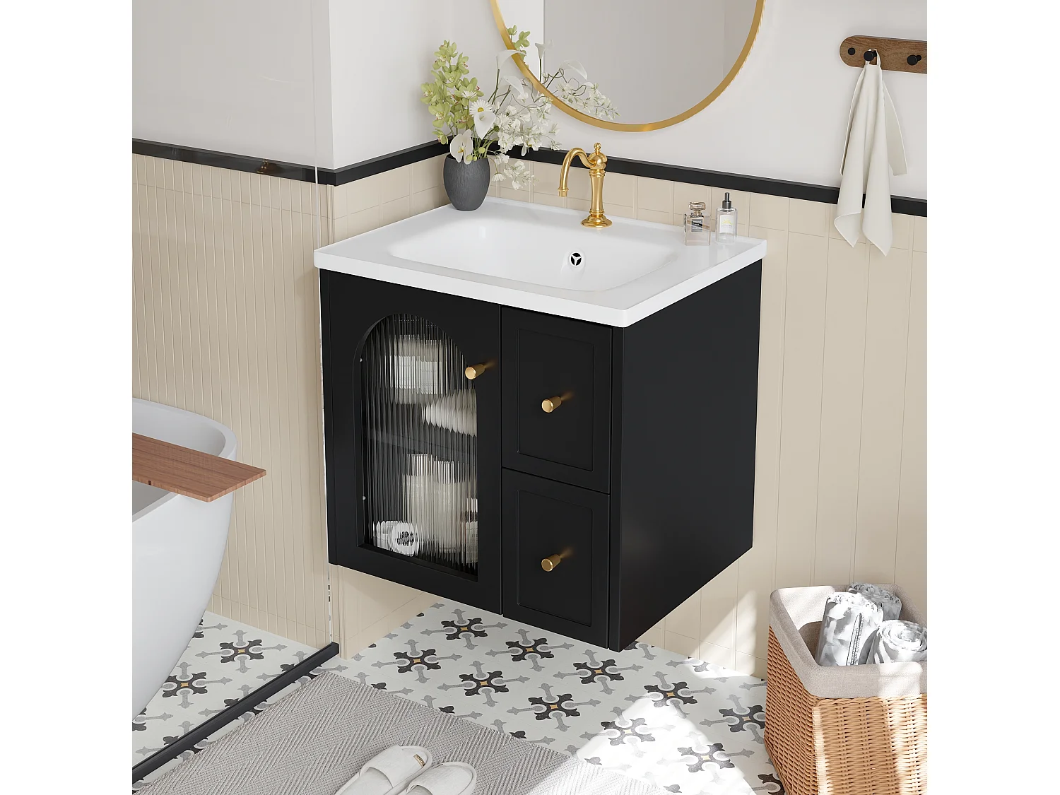 Hängendes Badezimmermöbel 60cm mit Keramikwaschbecken, Glastür und integrierter LED, Soft-Close - schwarz