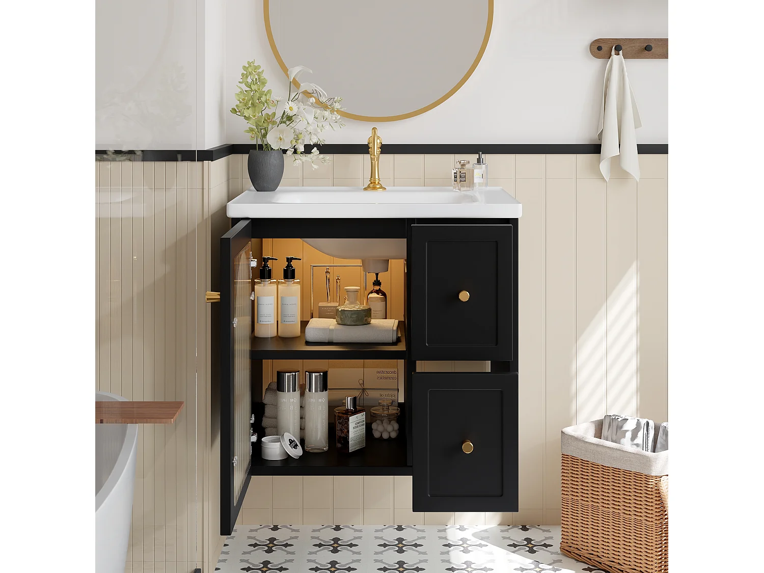 Hängendes Badezimmermöbel 60cm mit Keramikwaschbecken, Glastür und integrierter LED, Soft-Close - schwarz