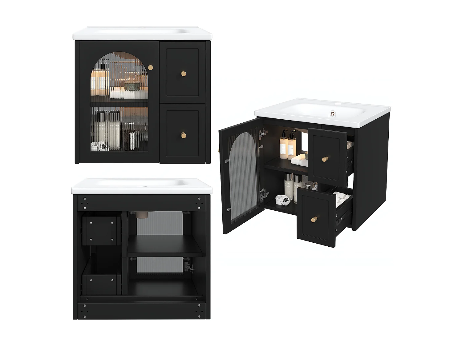 Hängendes Badezimmermöbel 60cm mit Keramikwaschbecken, Glastür und integrierter LED, Soft-Close - schwarz