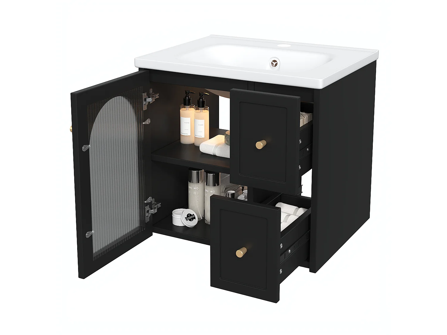 Hängendes Badezimmermöbel 60cm mit Keramikwaschbecken, Glastür und integrierter LED, Soft-Close - schwarz
