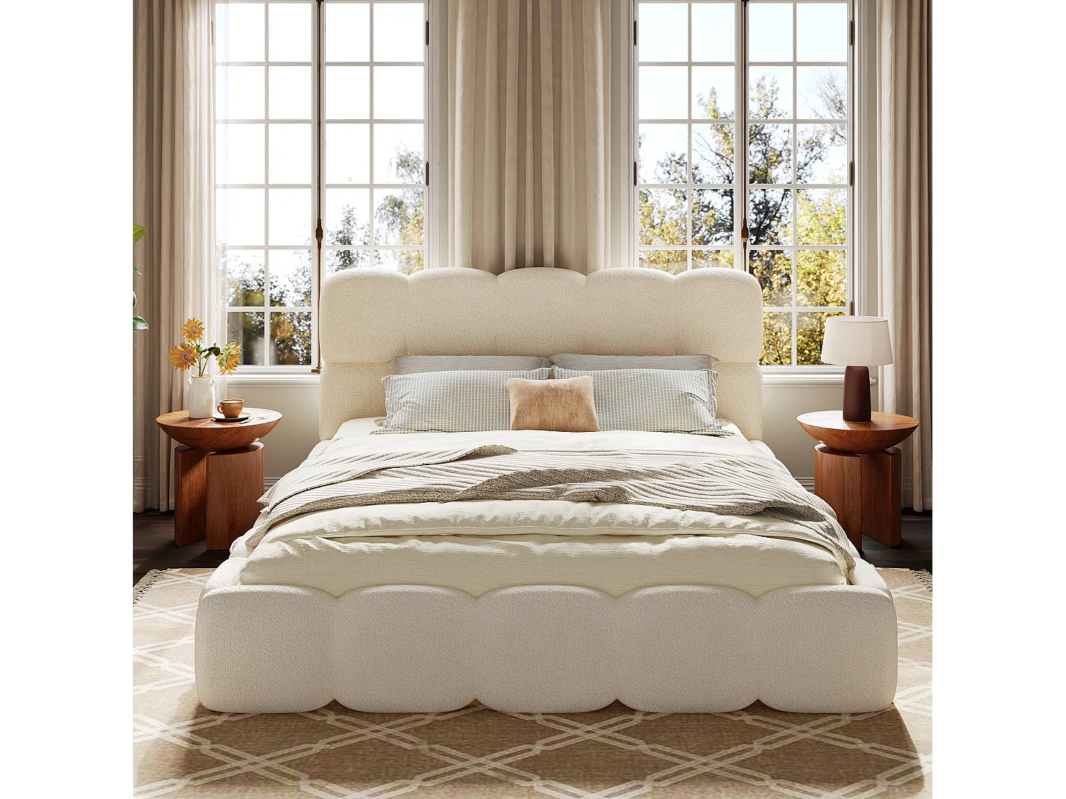 Lit double rembourré 160x200 cm - avec sommier à lattes - Tissu bouclé - Blanc (Matelas non inclus)