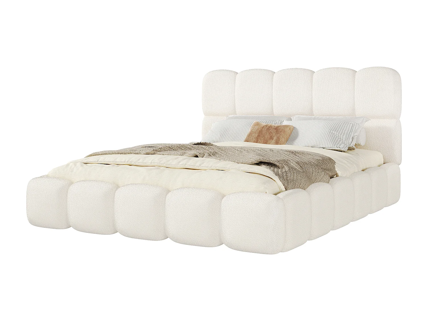 Lit double rembourré 160x200 cm - avec sommier à lattes - Tissu bouclé - Blanc (Matelas non inclus)