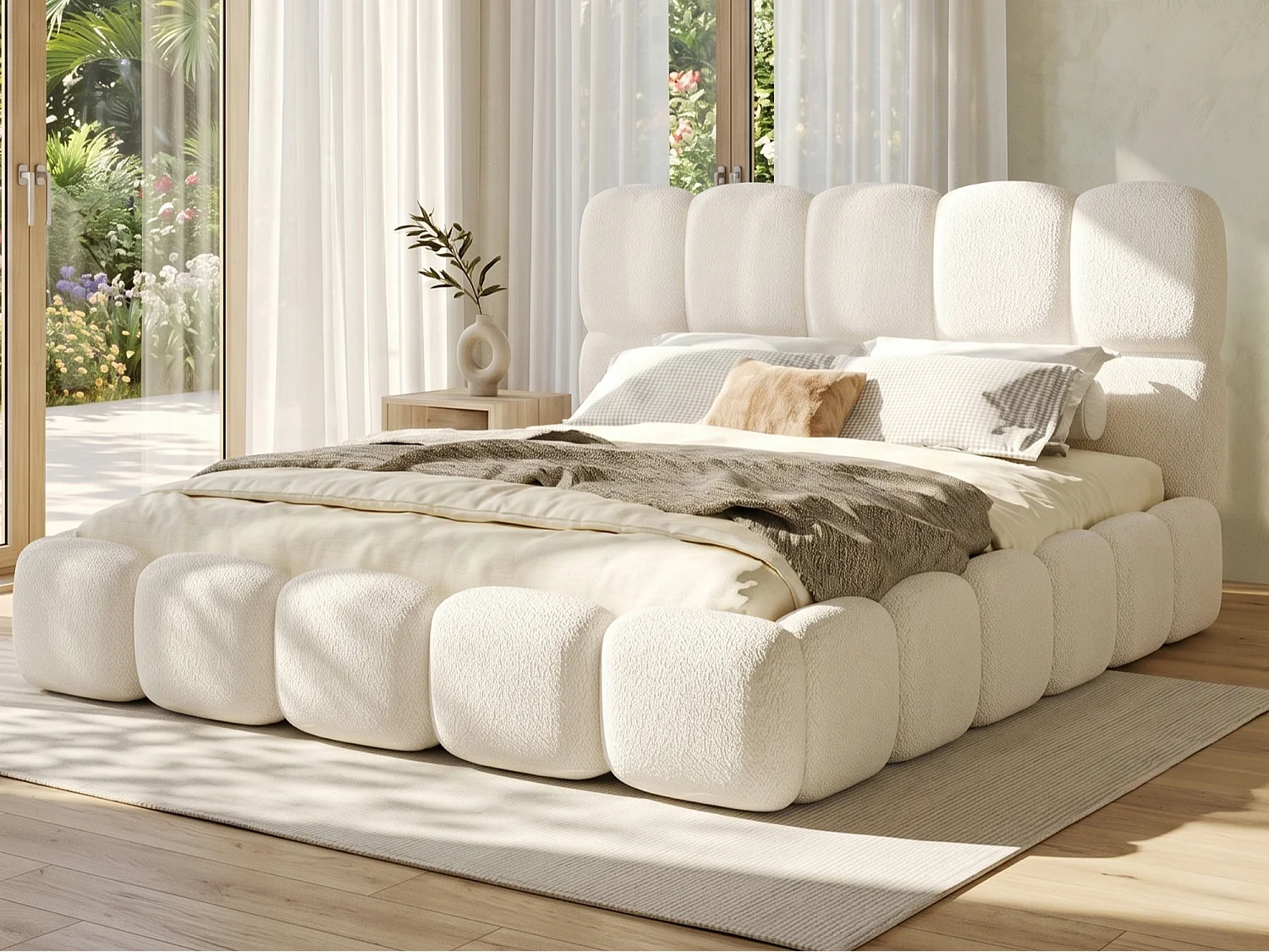 Lit double rembourré 160x200 cm - avec sommier à lattes - Tissu bouclé - Blanc (Matelas non inclus)