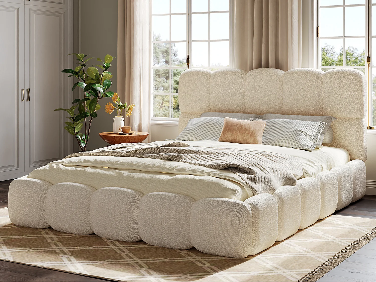 Lit double rembourré 160x200 cm - avec sommier à lattes - Tissu bouclé - Blanc (Matelas non inclus)