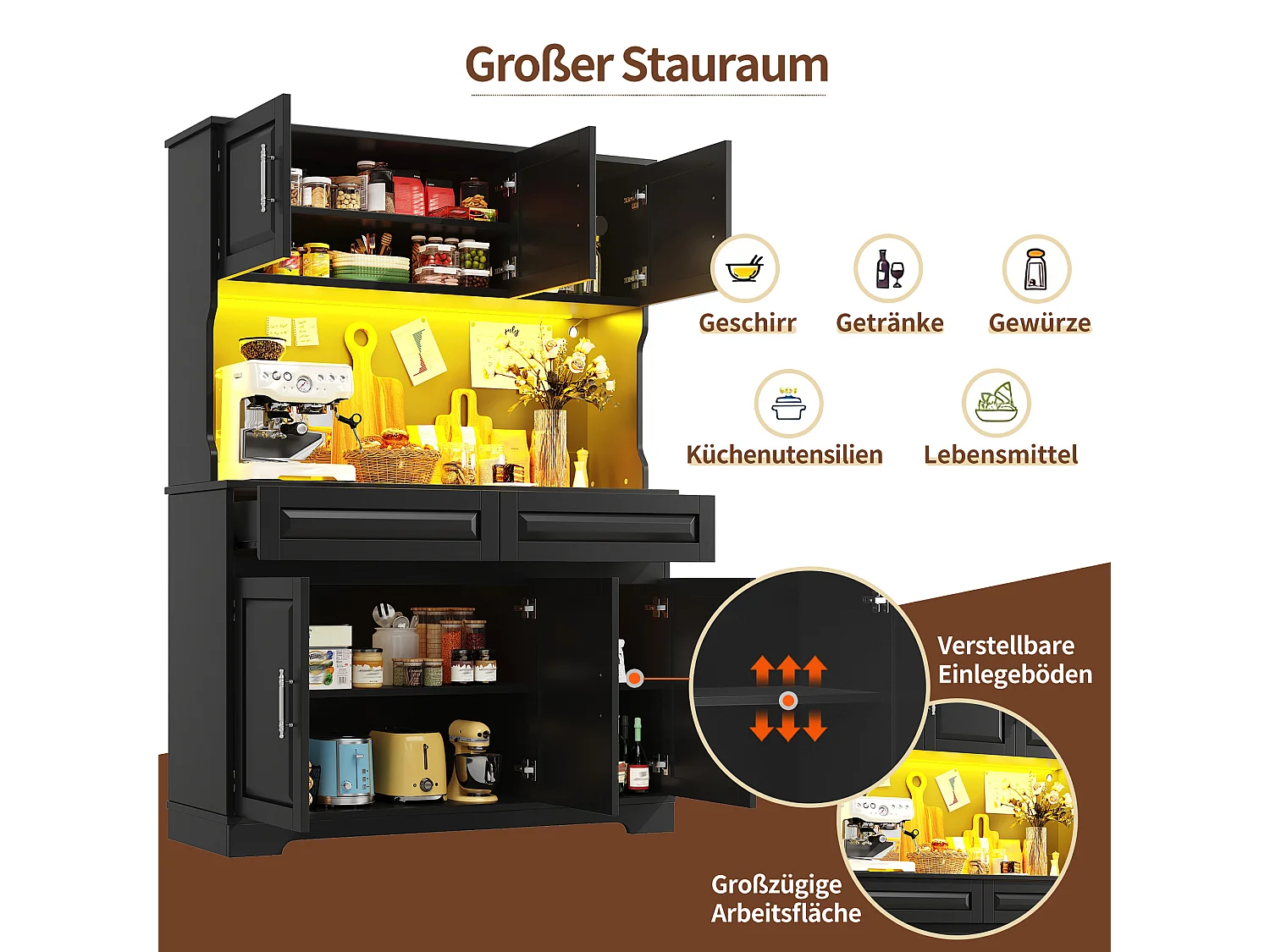 Credenza da cucina 108x180cm con LED, armadio alto contenitore con ripiani regolabili - nero