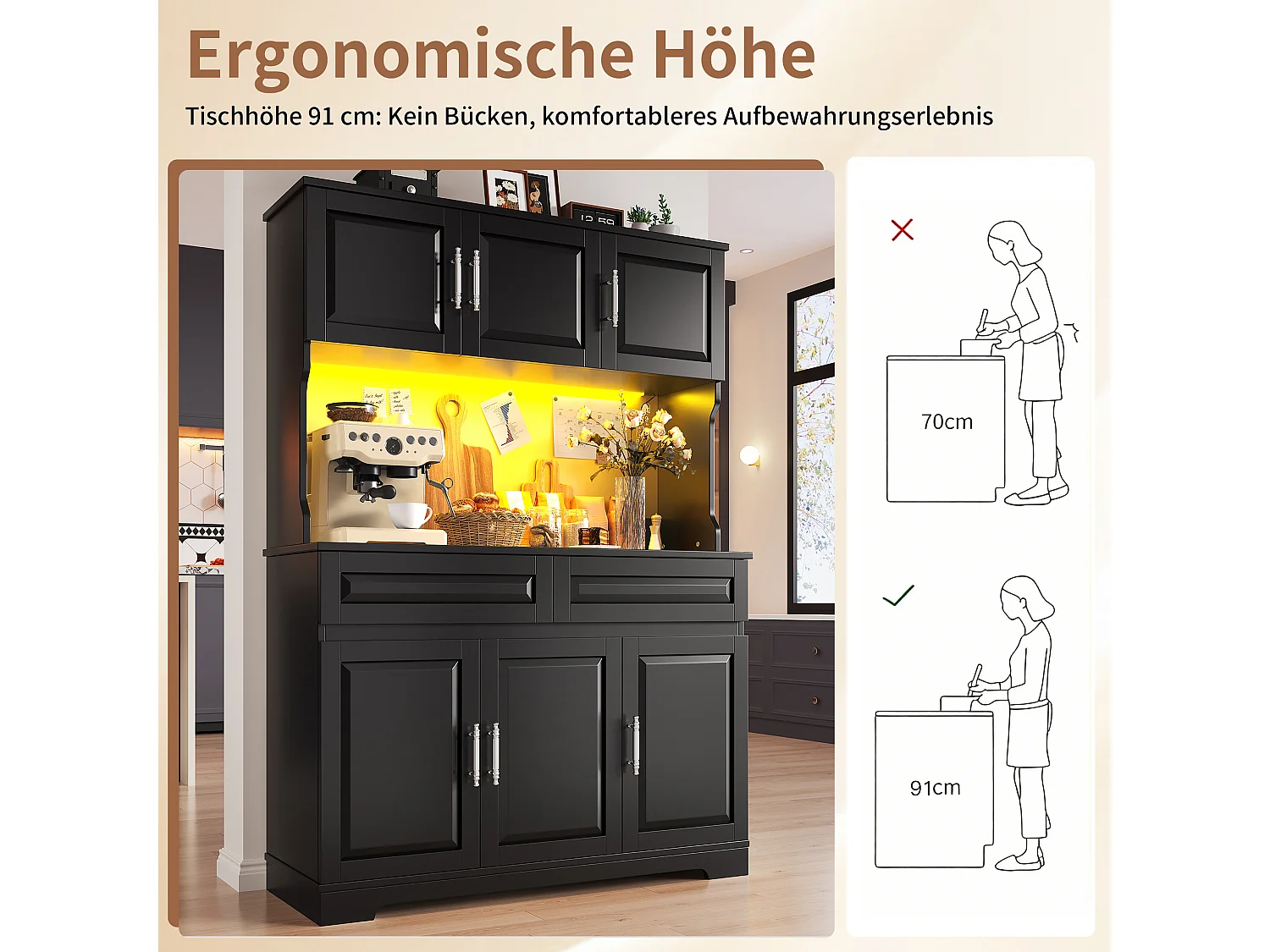 Credenza da cucina 108x180cm con LED, armadio alto contenitore con ripiani regolabili - nero
