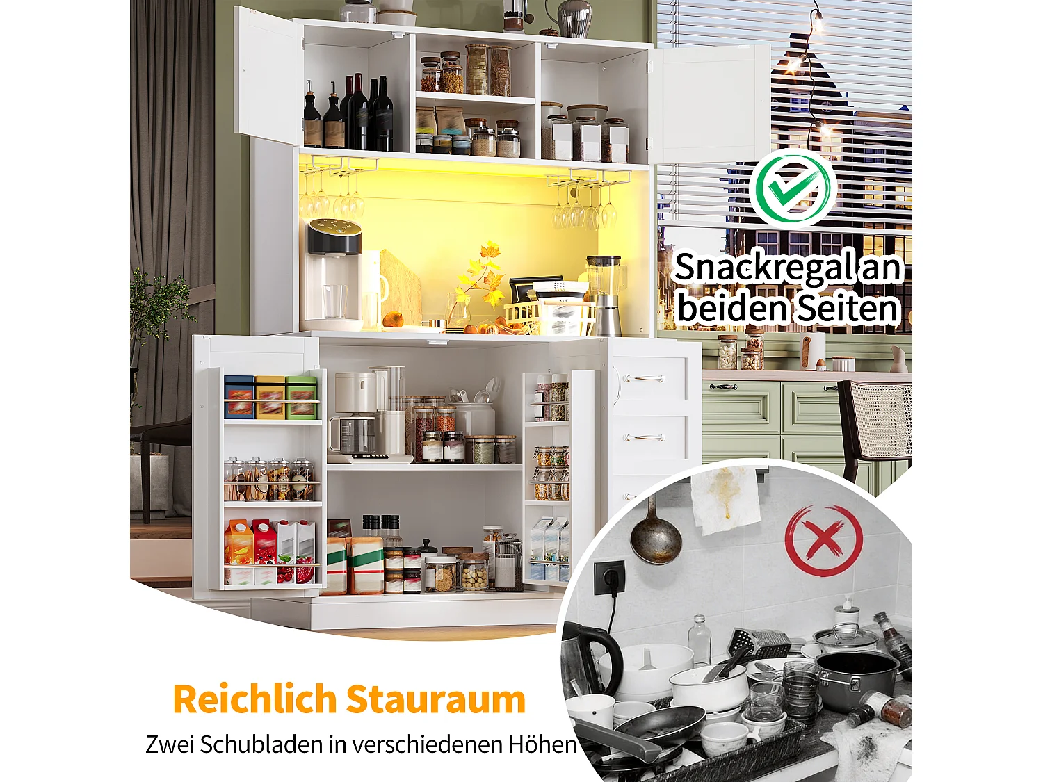 Credenza da cucina 120x188cm con LED, supporto per bevande e snack, 4 ante e 2 cassetti spaziosi - bianco