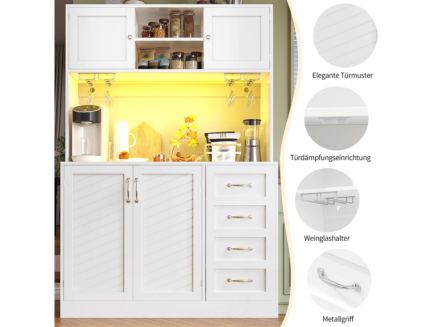 Credenza da cucina 120x188cm con LED, supporto per bevande e snack, 4 ante e 2 cassetti spaziosi - bianco
