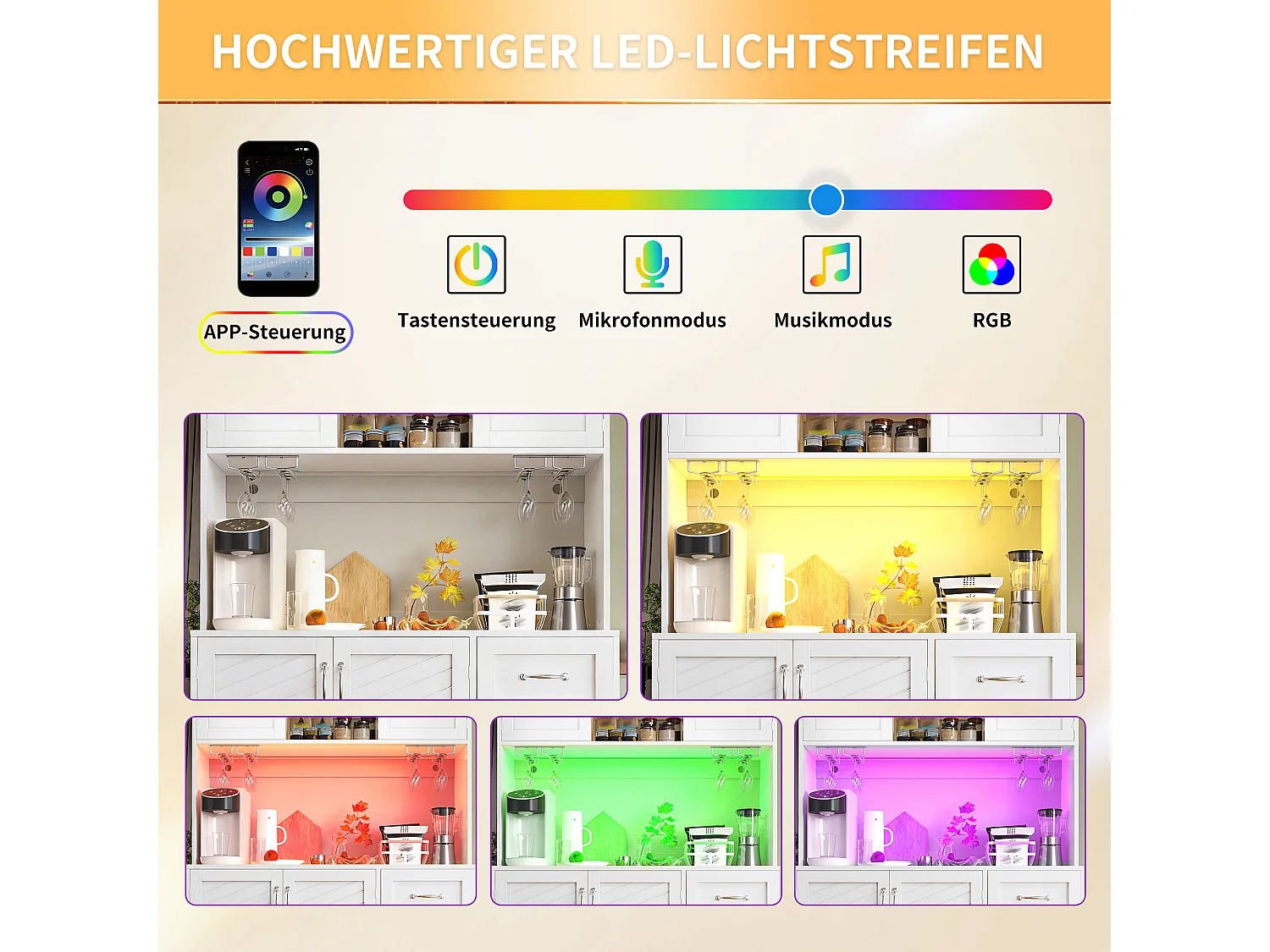 Credenza da cucina 120x188cm con LED, supporto per bevande e snack, 4 ante e 2 cassetti spaziosi - bianco