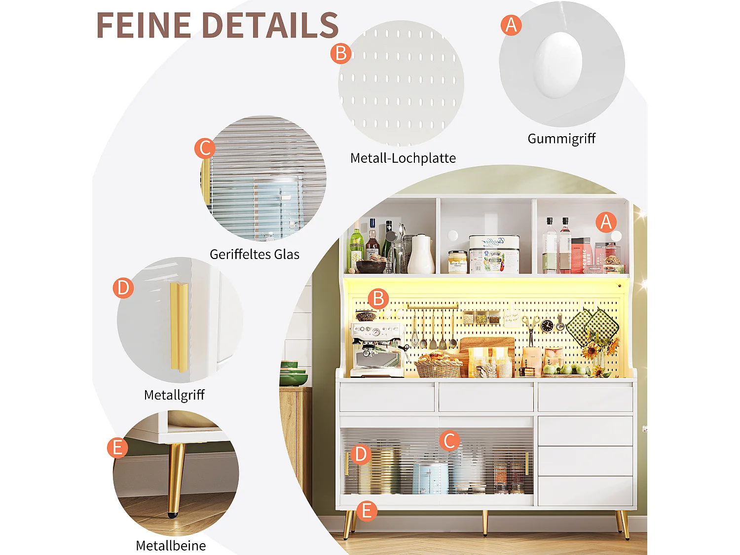 Credenza da cucina moderna con illuminazione LED - armadio alto con pannello traforato e ante scorrevoli in vetro - bianco
