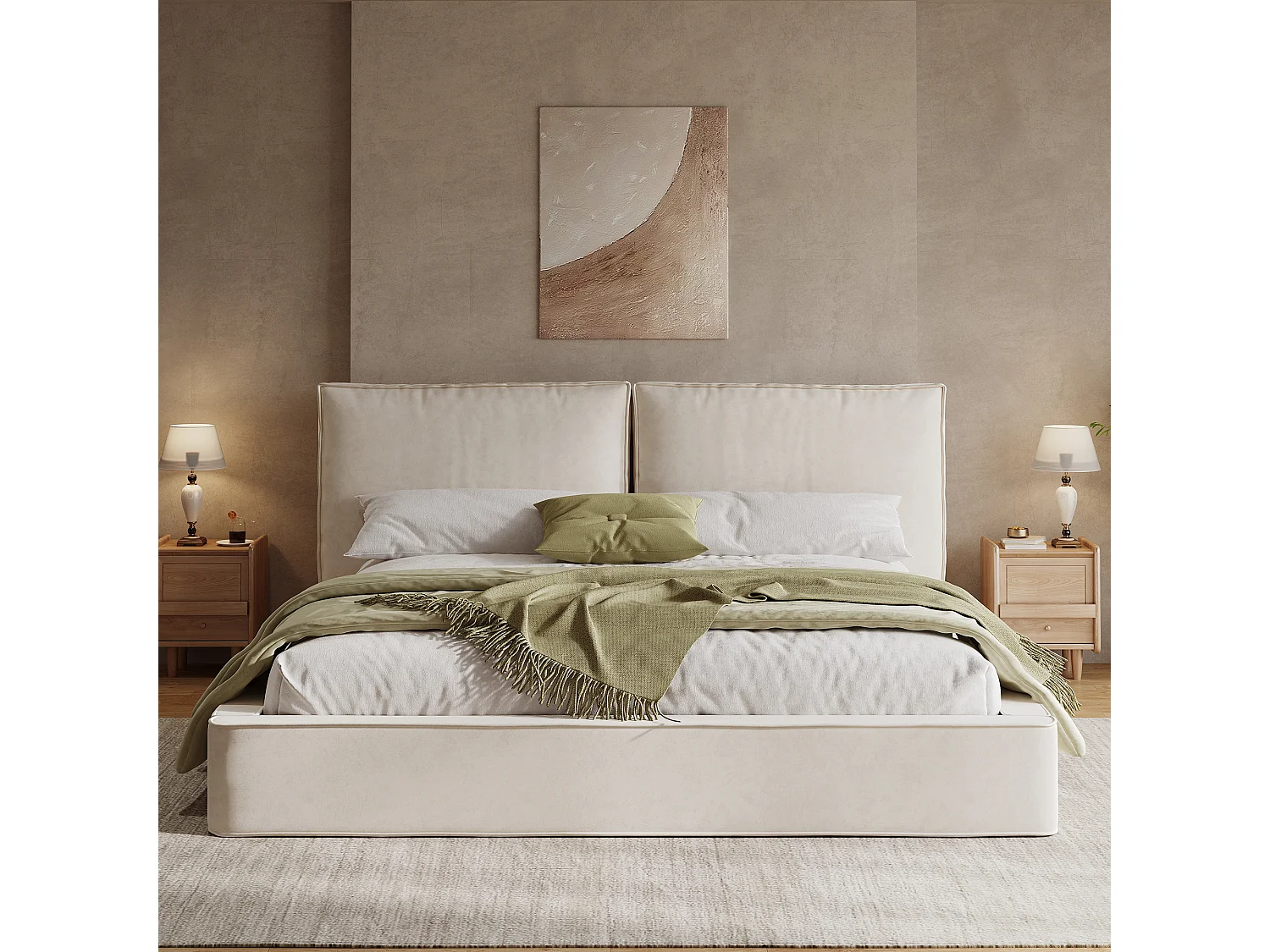 Lit double capitonné 160x200 cm - avec sommier à lattes - Tissu chenille - Beige (Matelas non inclus)