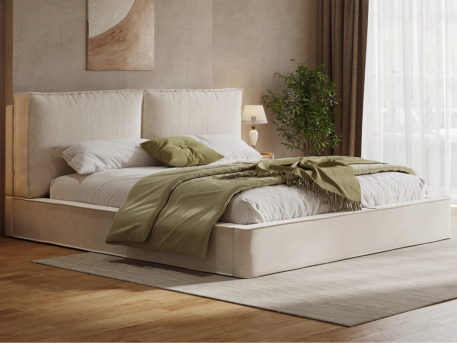 Lit double capitonné 160x200 cm - avec sommier à lattes - Tissu chenille - Beige (Matelas non inclus)