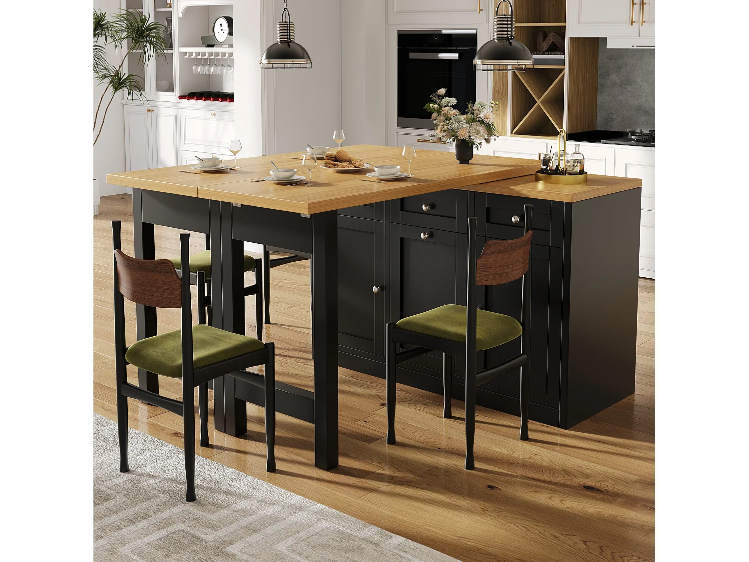 Ausziehbarer Bartisch 120-200 cm, modularer Esstisch mit Schublade und Türfach für Snacks - schwarz