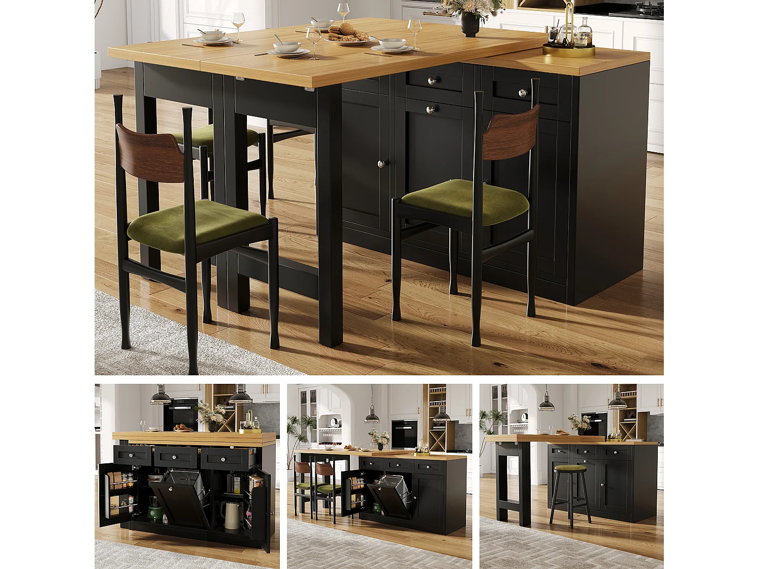 Ausziehbarer Bartisch 120-200 cm, modularer Esstisch mit Schublade und Türfach für Snacks - schwarz
