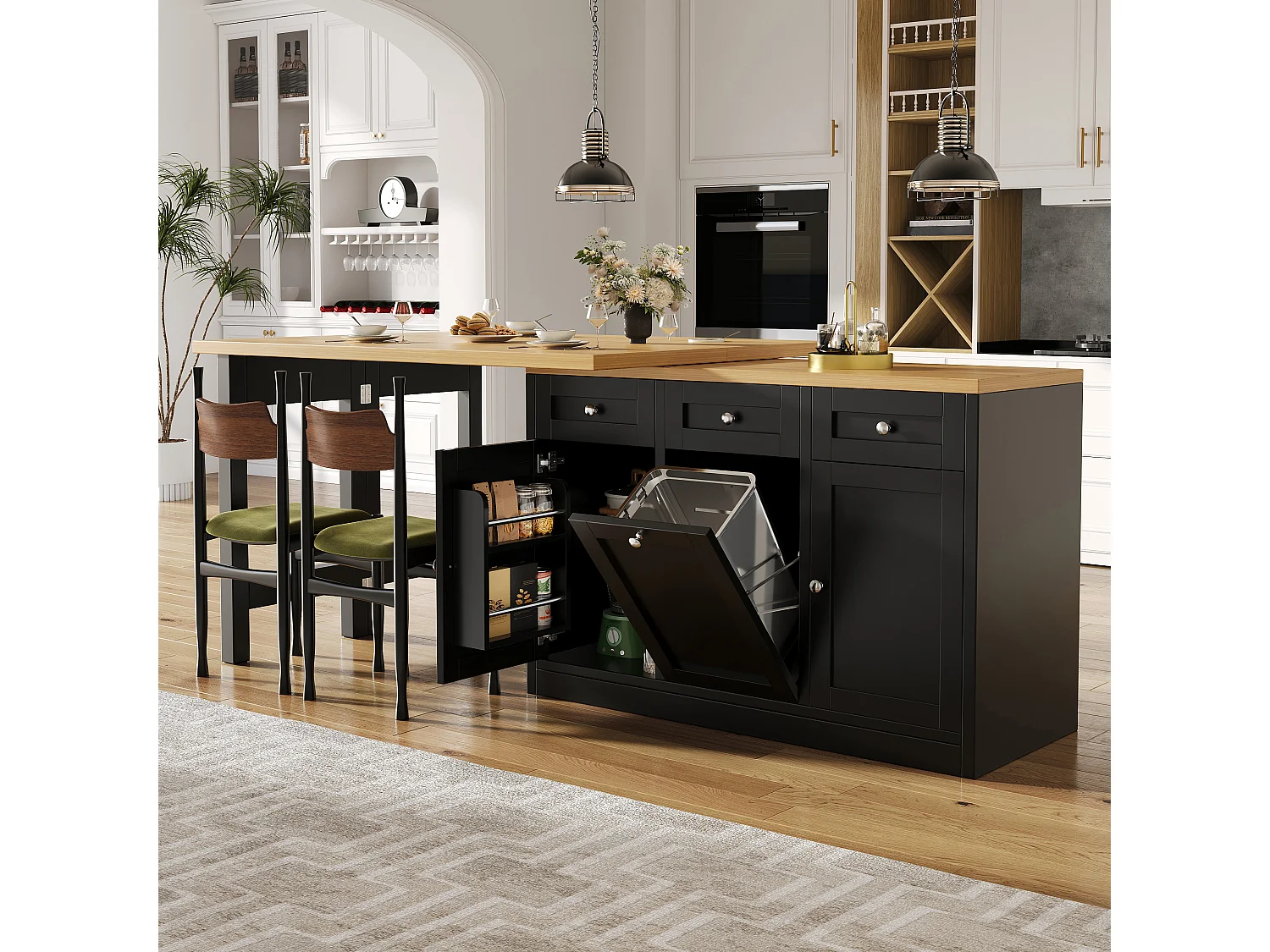 Ausziehbarer Bartisch 120-200 cm, modularer Esstisch mit Schublade und Türfach für Snacks - schwarz