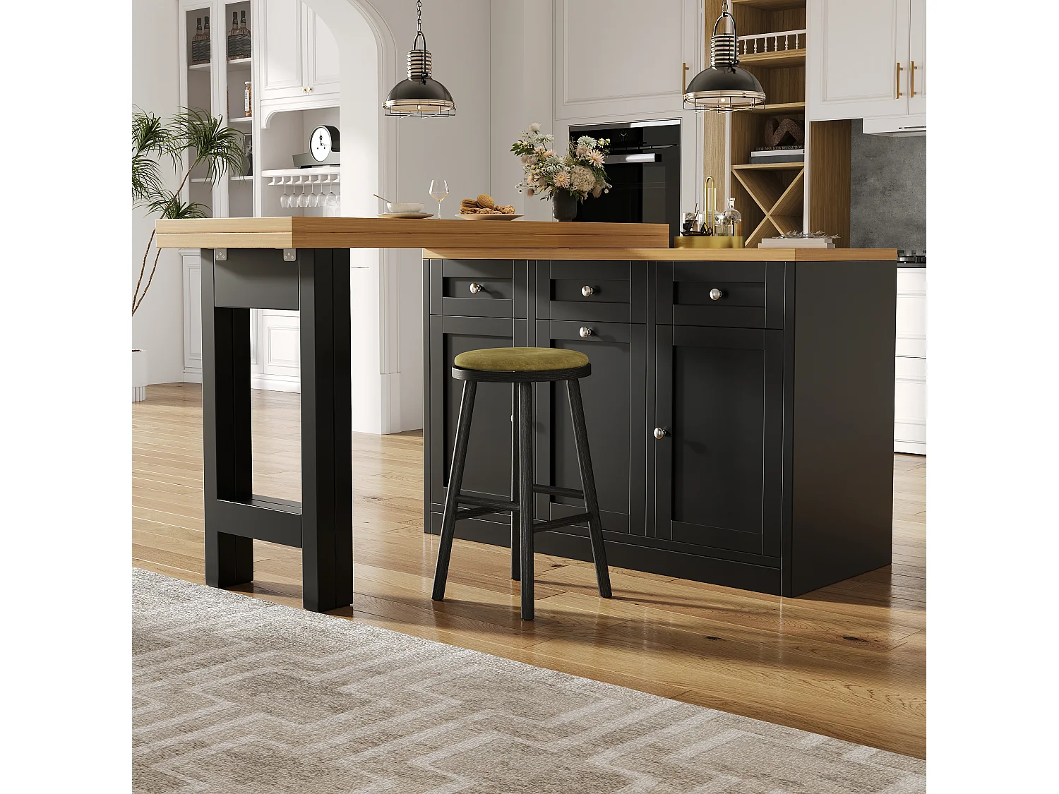 Ausziehbarer Bartisch 120-200 cm, modularer Esstisch mit Schublade und Türfach für Snacks - schwarz