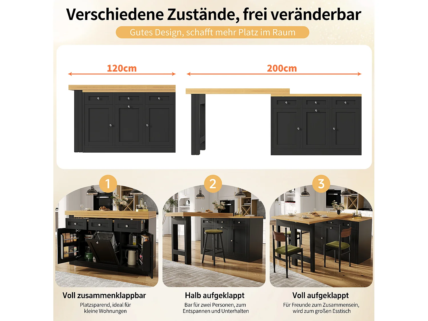 Ausziehbarer Bartisch 120-200 cm, modularer Esstisch mit Schublade und Türfach für Snacks - schwarz