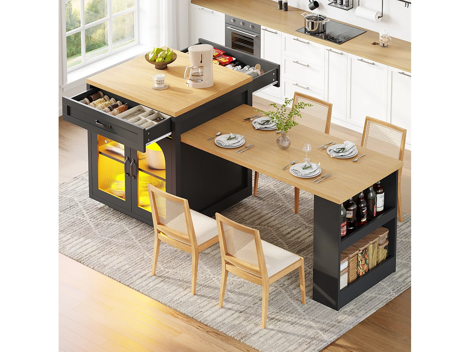Îlot de Cuisine avec Table Extensible 126-196cm, Buffet avec LED RGB, 2 Tiroirs, Étagère Réglable et Portes en Verre - Noir