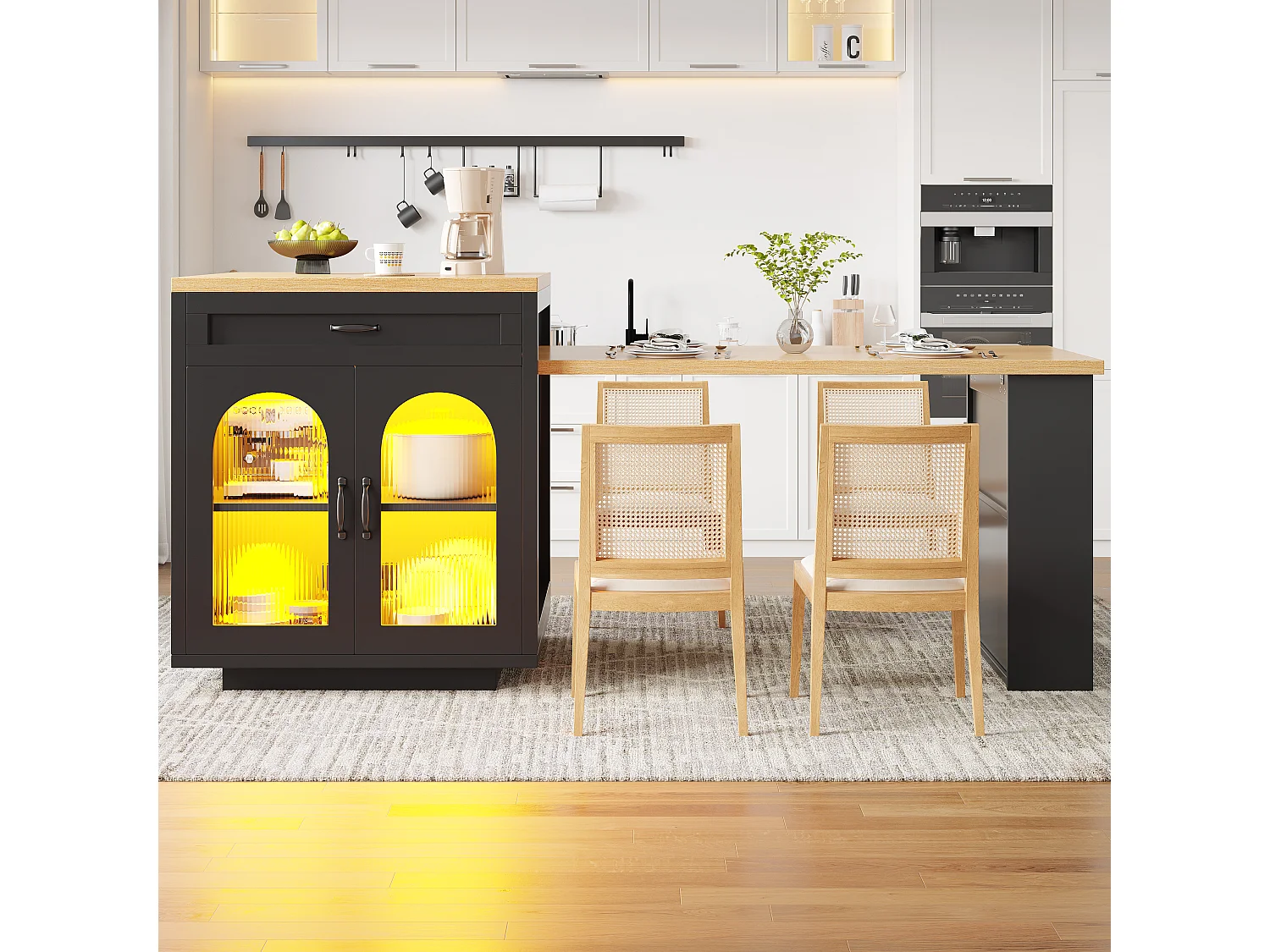 Îlot de Cuisine avec Table Extensible 126-196cm, Buffet avec LED RGB, 2 Tiroirs, Étagère Réglable et Portes en Verre - Noir