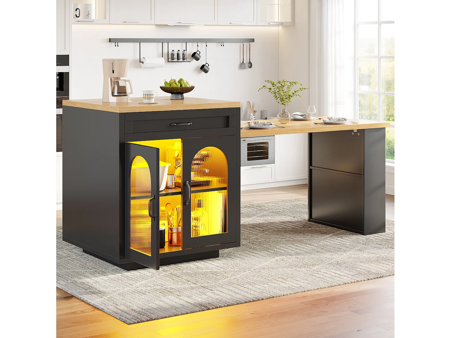 Îlot de Cuisine avec Table Extensible 126-196cm, Buffet avec LED RGB, 2 Tiroirs, Étagère Réglable et Portes en Verre - Noir