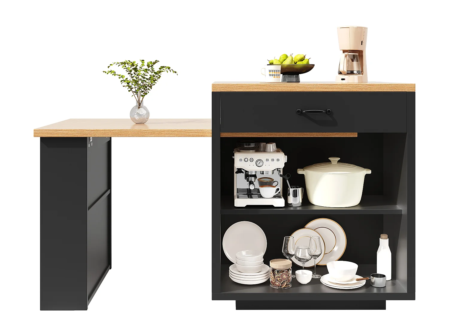 Îlot de Cuisine avec Table Extensible 126-196cm, Buffet avec LED RGB, 2 Tiroirs, Étagère Réglable et Portes en Verre - Noir