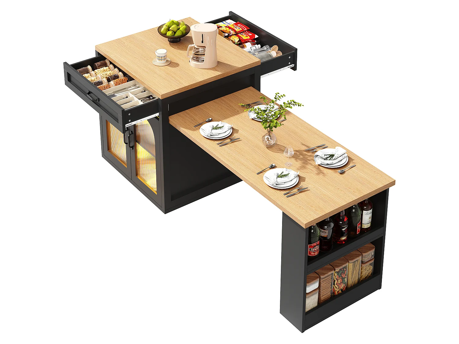 Ilha de cozinha com mesa extensível 126-196 cm, aparador com LED RGB, 2 gavetas, prateleira ajustável e portas de vidro - preto