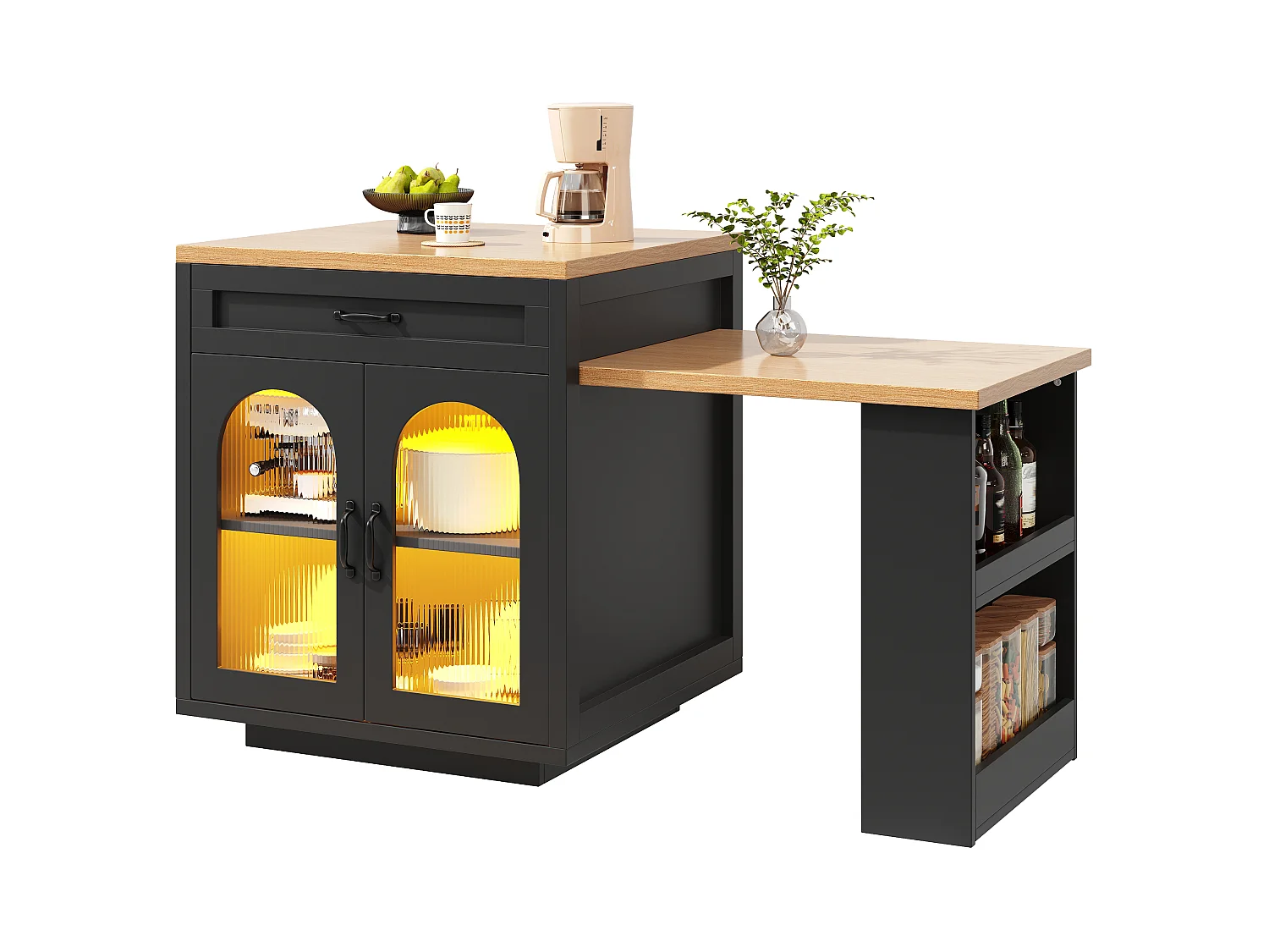 Ilha de cozinha com mesa extensível 126-196 cm, aparador com LED RGB, 2 gavetas, prateleira ajustável e portas de vidro - preto
