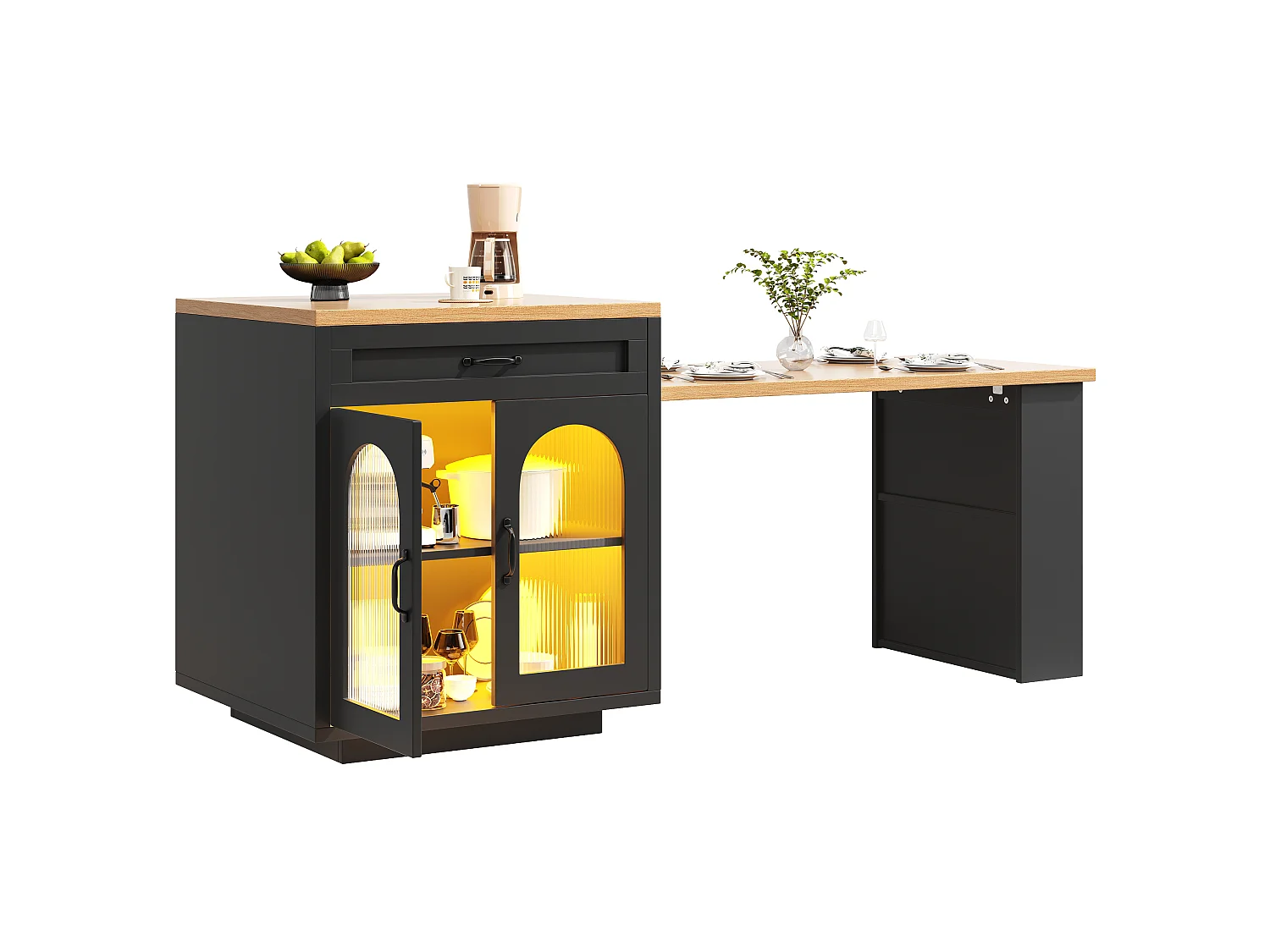 Ilha de cozinha com mesa extensível 126-196 cm, aparador com LED RGB, 2 gavetas, prateleira ajustável e portas de vidro - preto