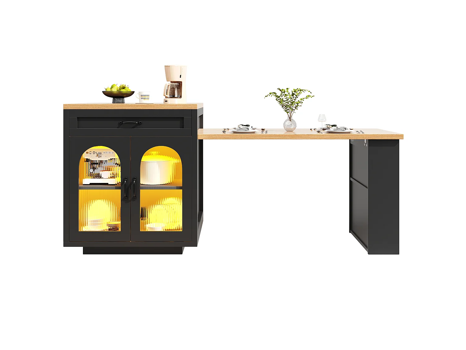Ilha de cozinha com mesa extensível 126-196 cm, aparador com LED RGB, 2 gavetas, prateleira ajustável e portas de vidro - preto