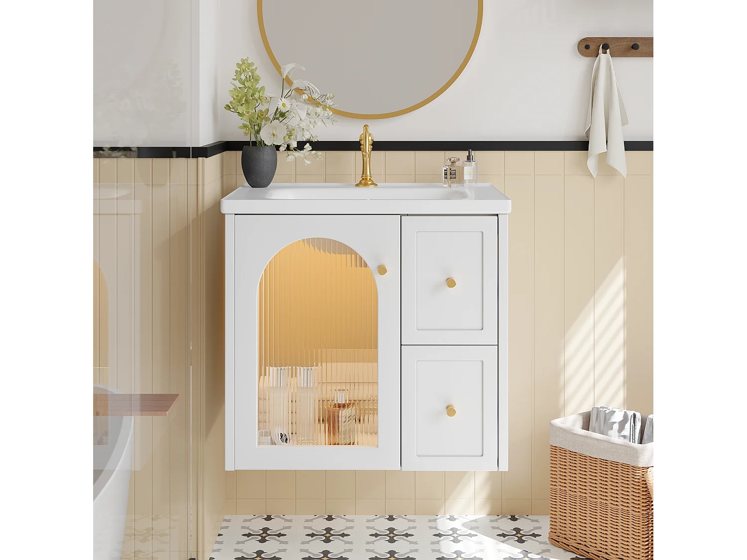 Meuble de Salle de Bain Suspendu 60cm avec Vasque en Céramique, Porte en Verre et LED Intégrée, Soft-Close - Blanc