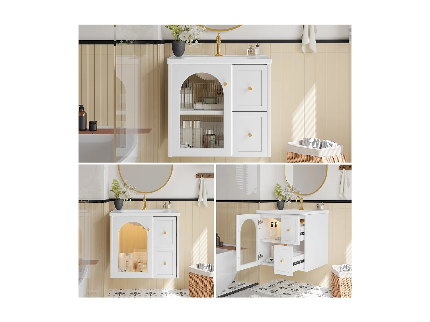 Meuble de Salle de Bain Suspendu 60cm avec Vasque en Céramique, Porte en Verre et LED Intégrée, Soft-Close - Blanc
