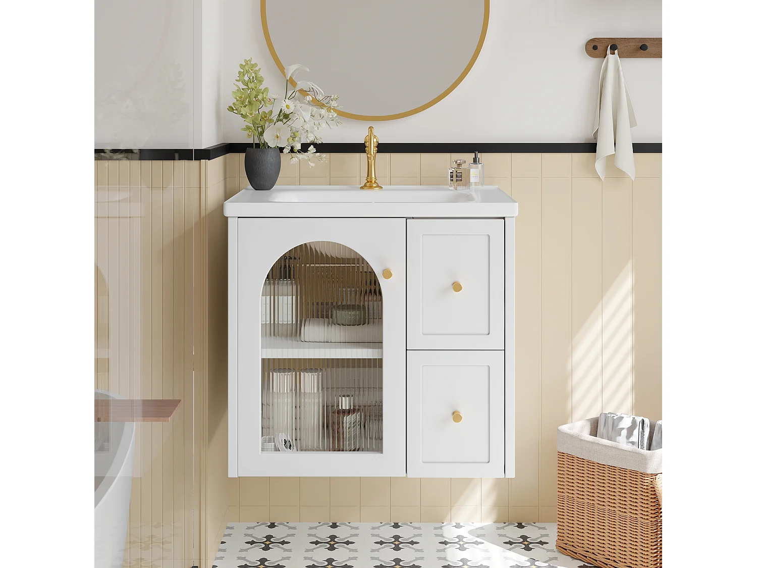 Meuble de Salle de Bain Suspendu 60cm avec Vasque en Céramique, Porte en Verre et LED Intégrée, Soft-Close - Blanc