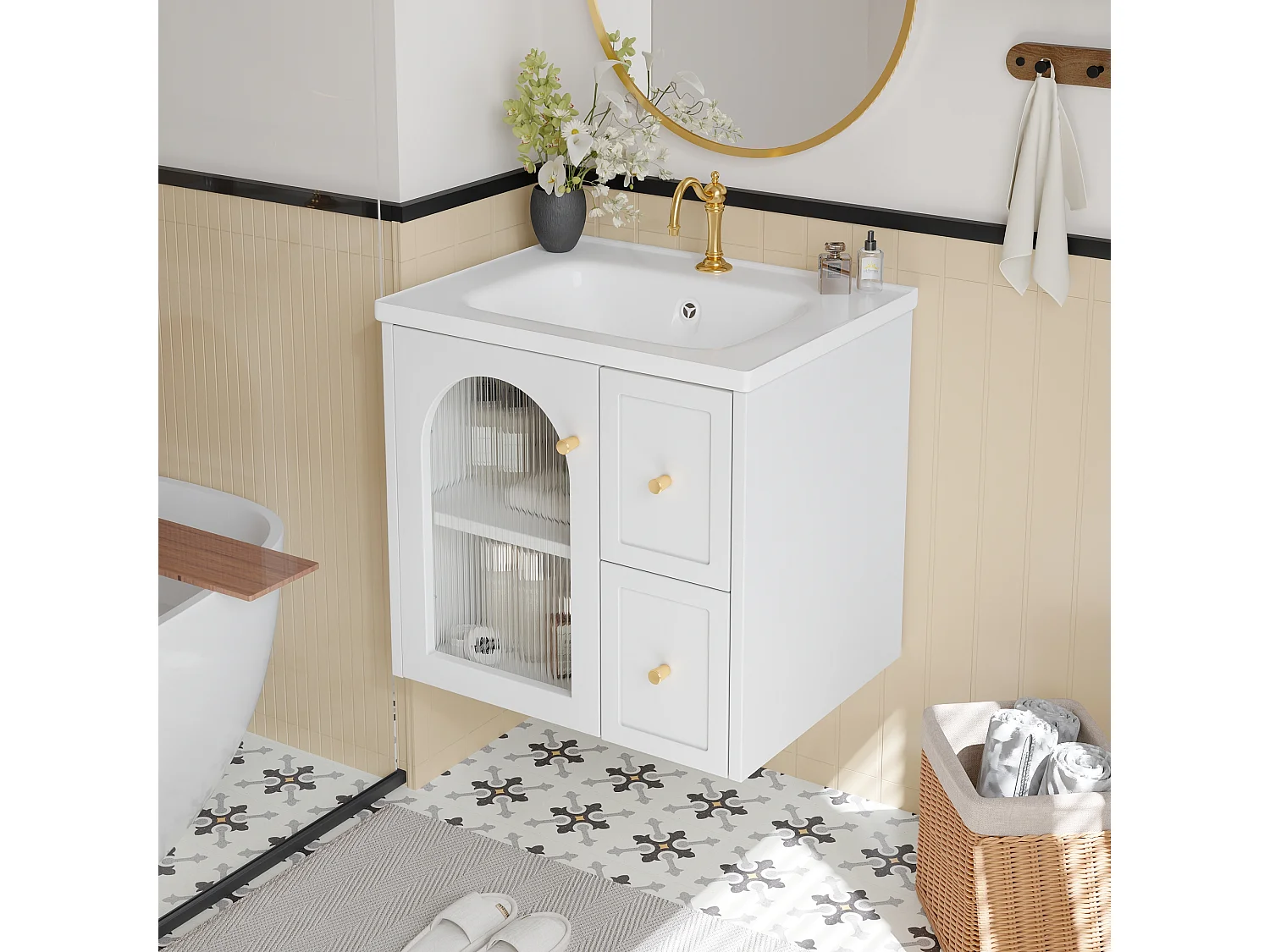 Meuble de Salle de Bain Suspendu 60cm avec Vasque en Céramique, Porte en Verre et LED Intégrée, Soft-Close - Blanc