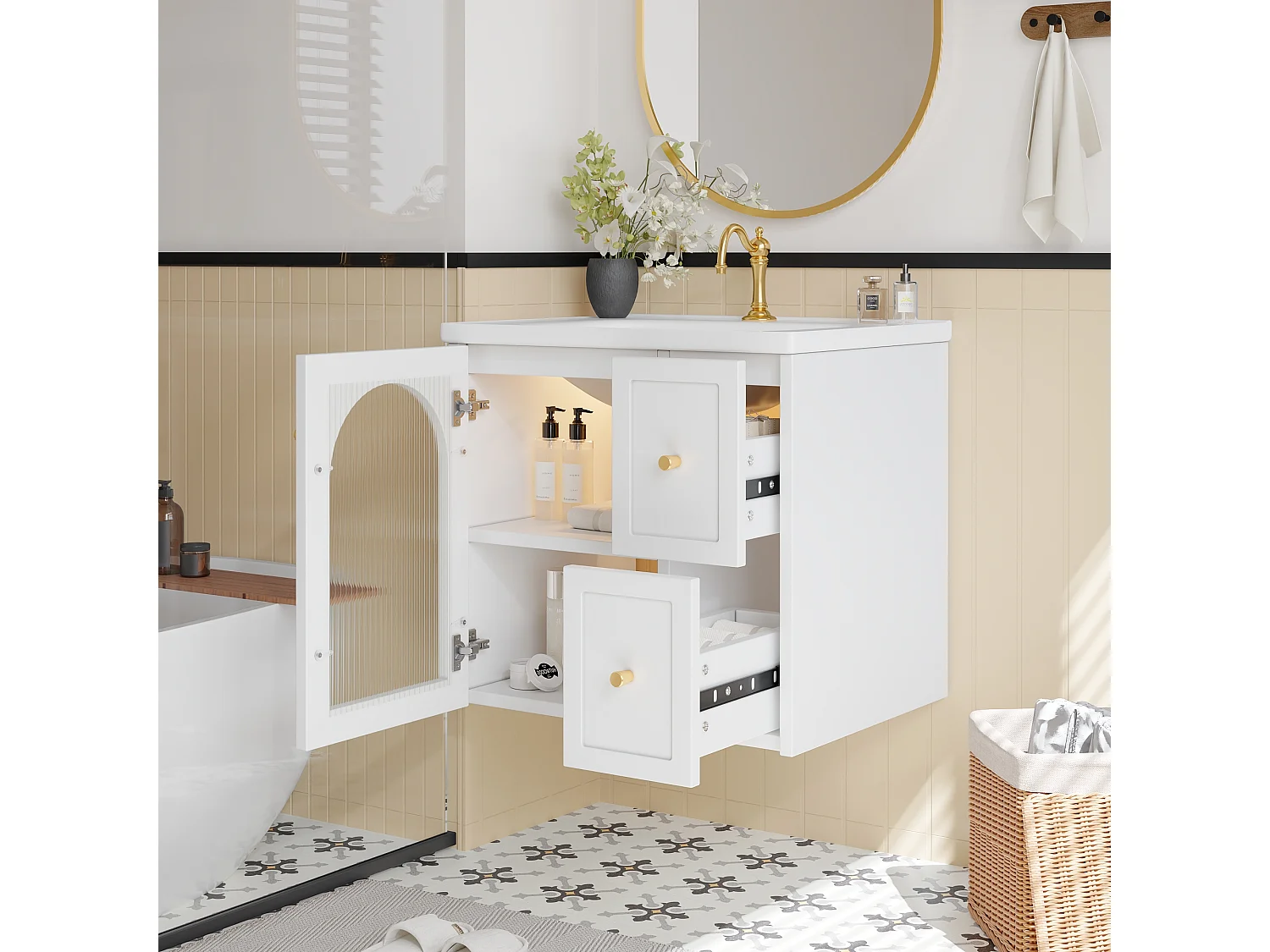 Meuble de Salle de Bain Suspendu 60cm avec Vasque en Céramique, Porte en Verre et LED Intégrée, Soft-Close - Blanc