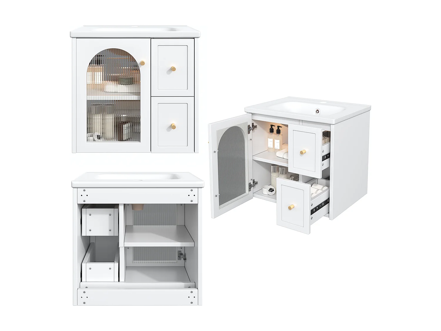 Meuble de Salle de Bain Suspendu 60cm avec Vasque en Céramique, Porte en Verre et LED Intégrée, Soft-Close - Blanc