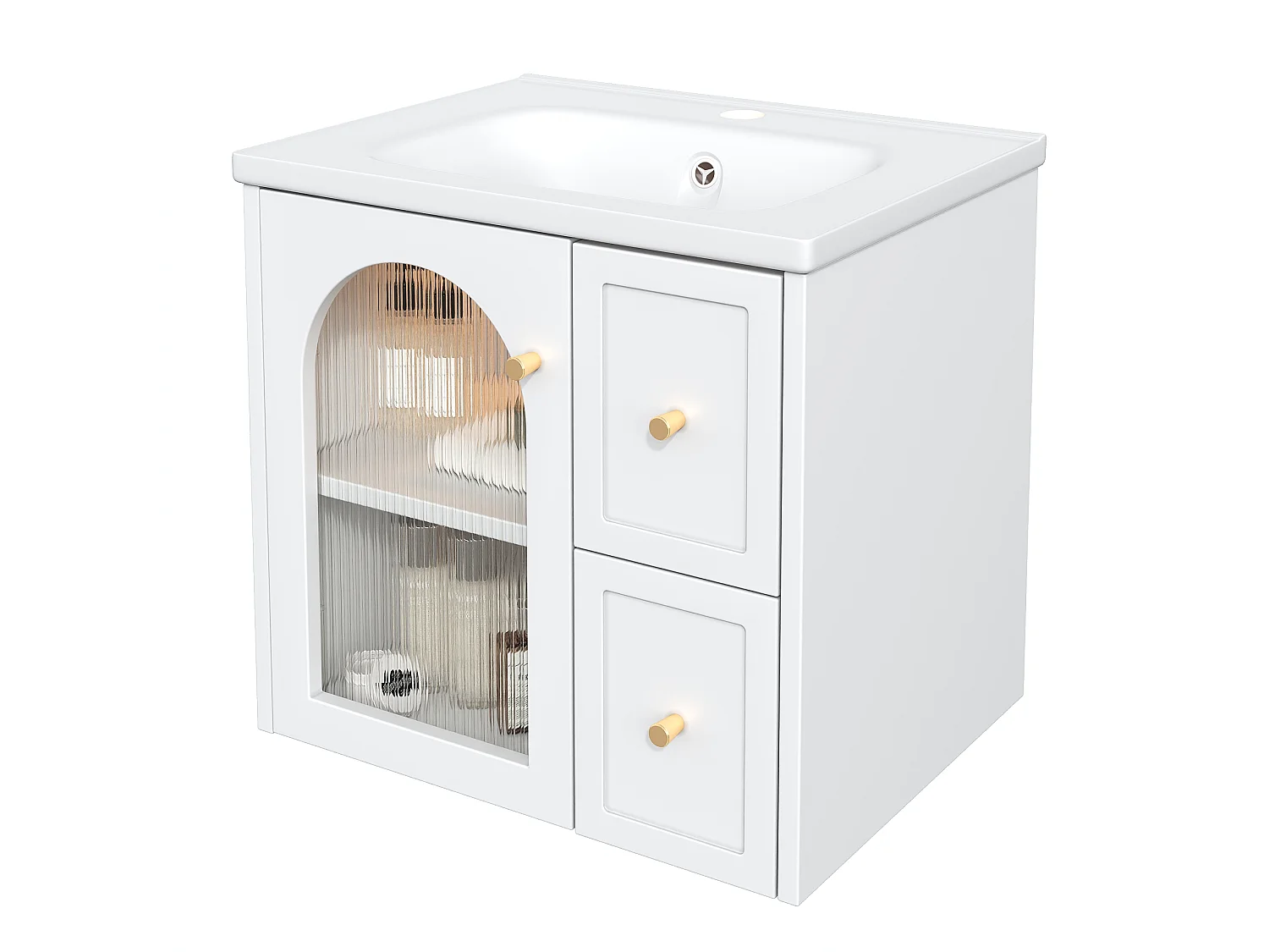 Meuble de Salle de Bain Suspendu 60cm avec Vasque en Céramique, Porte en Verre et LED Intégrée, Soft-Close - Blanc