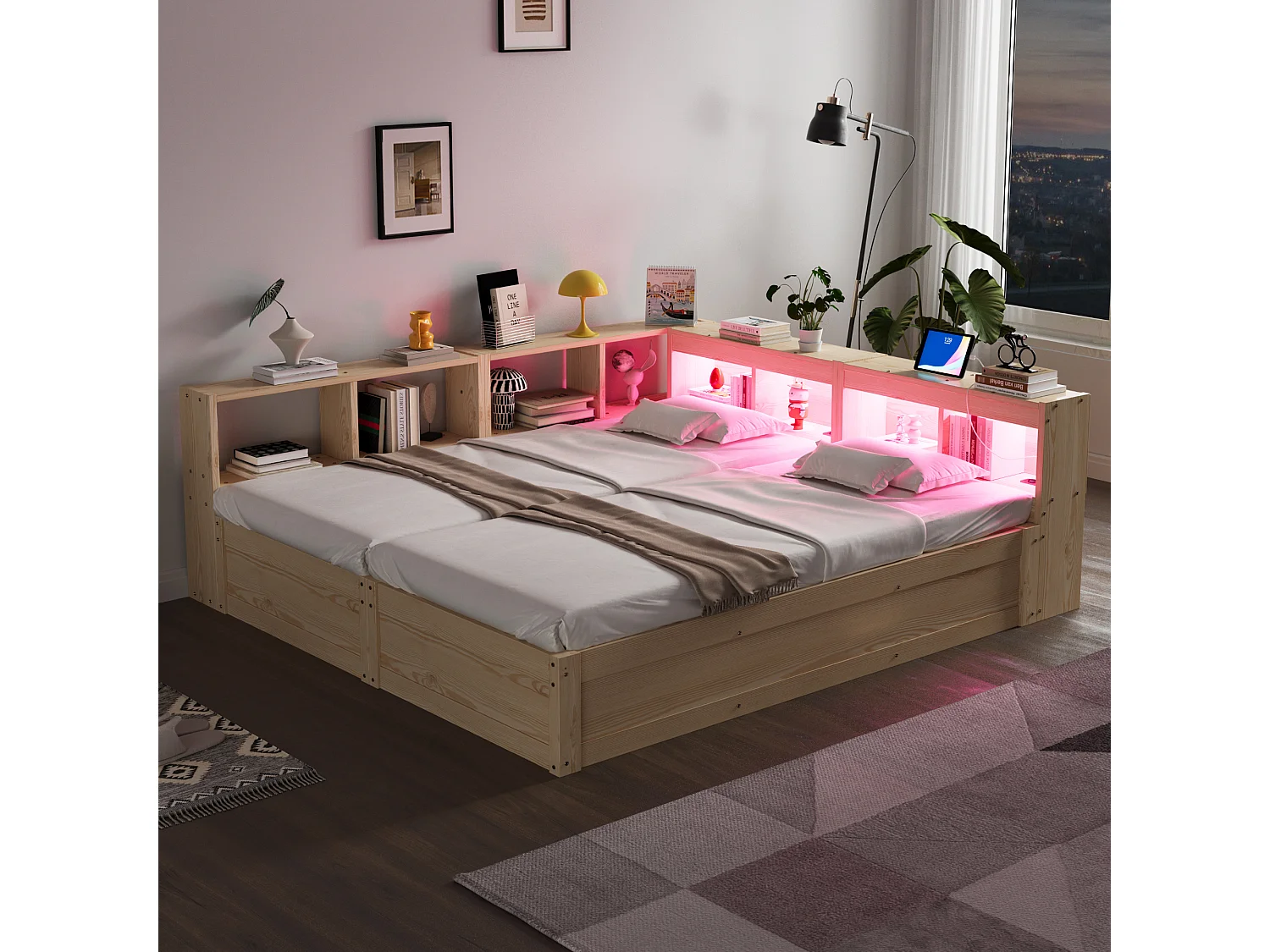 Sofa rozkładana z pojemnikiem 90 x 200 lub 180 x 200 cm - z gniazdkiem elektrycznym - przegrody do przechowywania - z oświetleniem LED - naturalny
