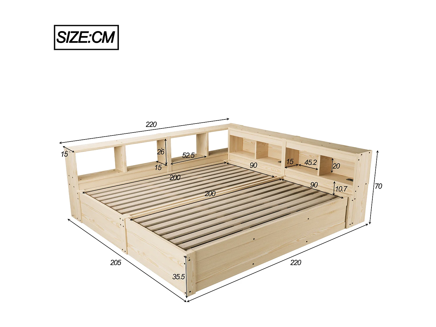 Sofa rozkładana z pojemnikiem 90 x 200 lub 180 x 200 cm - z gniazdkiem elektrycznym - przegrody do przechowywania - z oświetleniem LED - naturalny