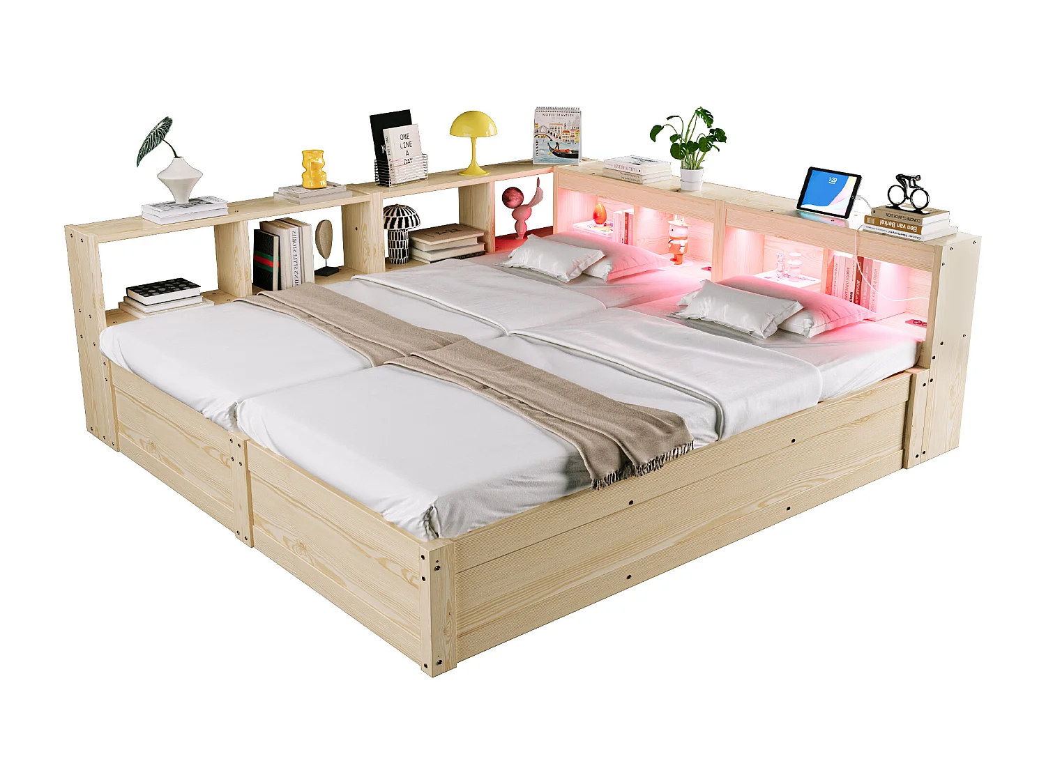 Sofa rozkładana z pojemnikiem 90 x 200 lub 180 x 200 cm - z gniazdkiem elektrycznym - przegrody do przechowywania - z oświetleniem LED - naturalny
