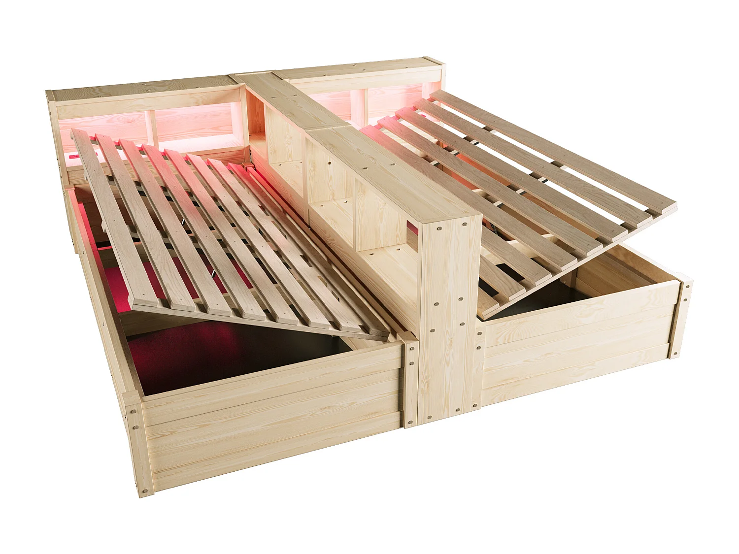 Sofa rozkładana z pojemnikiem 90 x 200 lub 180 x 200 cm - z gniazdkiem elektrycznym - przegrody do przechowywania - z oświetleniem LED - naturalny