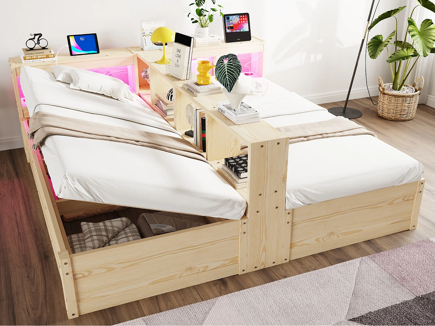 Sofa rozkładana z pojemnikiem 90 x 200 lub 180 x 200 cm - z gniazdkiem elektrycznym - przegrody do przechowywania - z oświetleniem LED - naturalny