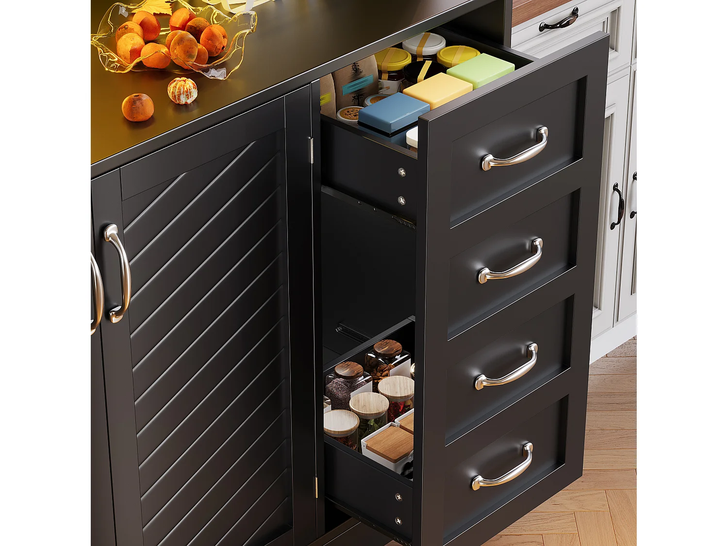 Credenza da cucina 120x188cm con LED, supporto per bevande e snack, 4 ante e 2 cassetti spaziosi - nero