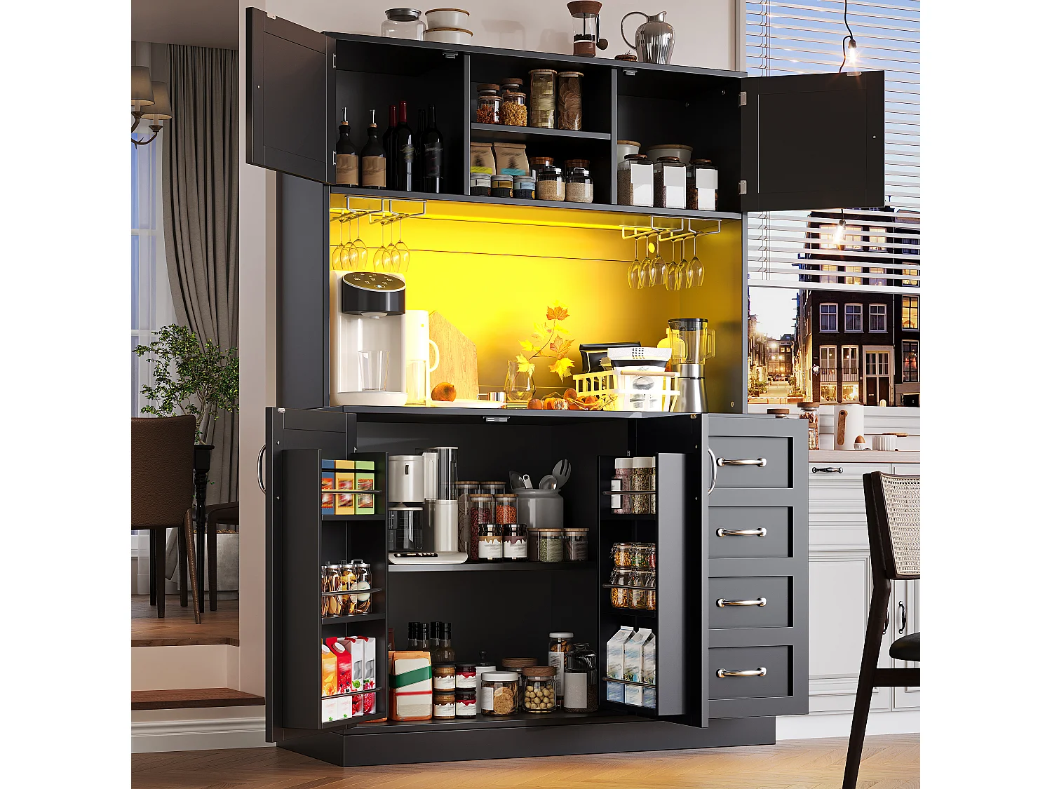 Credenza da cucina 120x188cm con LED, supporto per bevande e snack, 4 ante e 2 cassetti spaziosi - nero