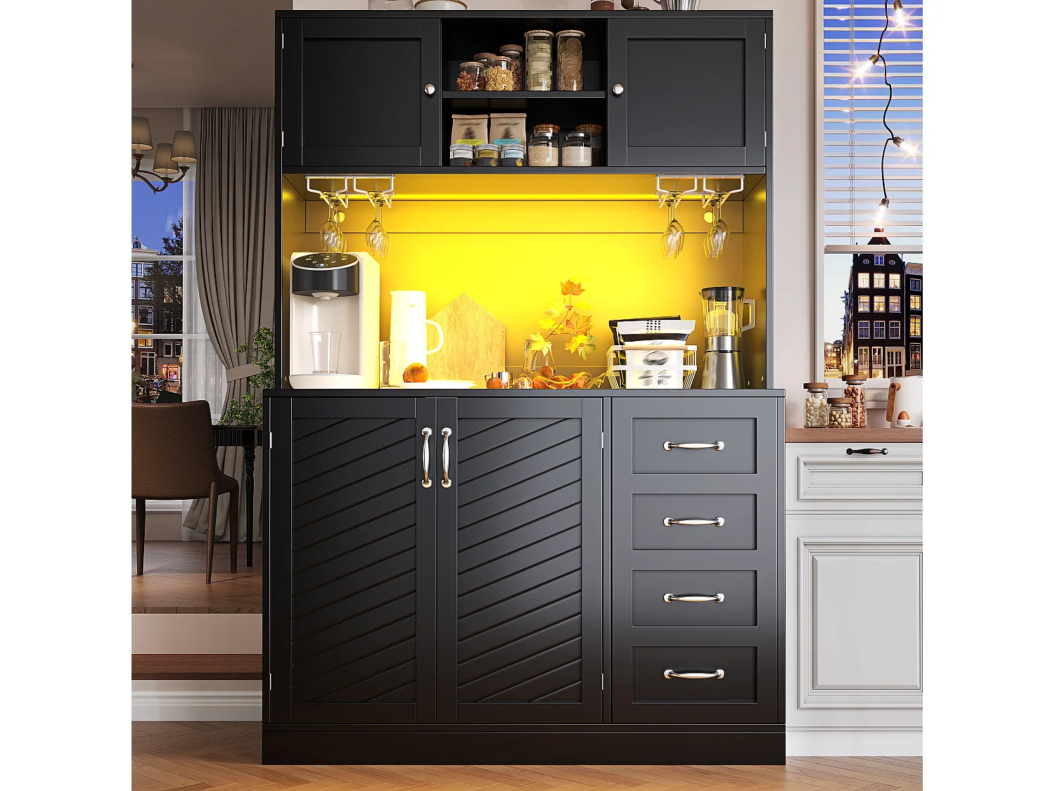 Credenza da cucina 120x188cm con LED, supporto per bevande e snack, 4 ante e 2 cassetti spaziosi - nero